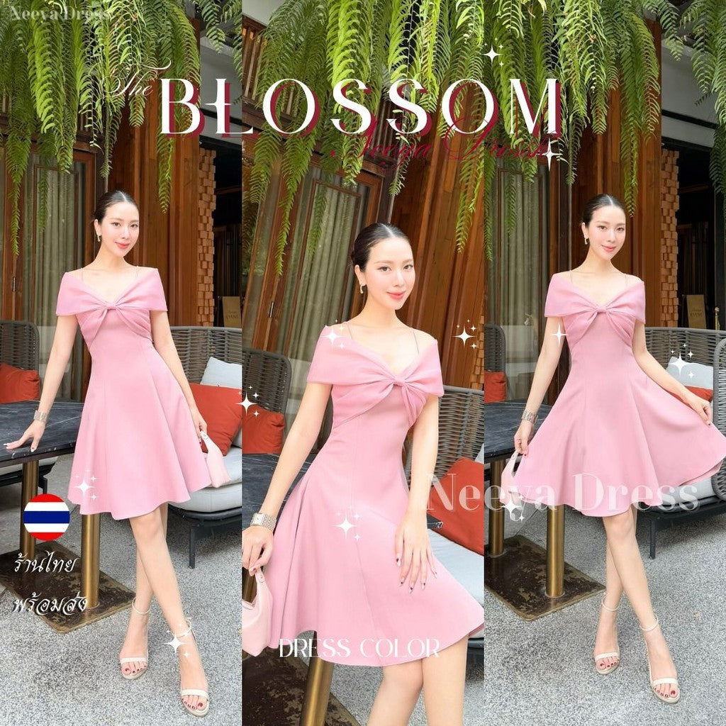 เดรสสั้น ชุดเดรส ชุดออกงาน BLOSSOM ผ้าโคโค่ สายเดี่ยว แต่งโบว์มัดอก ออแกนดี้ Woman Dress ผู้หญิง
