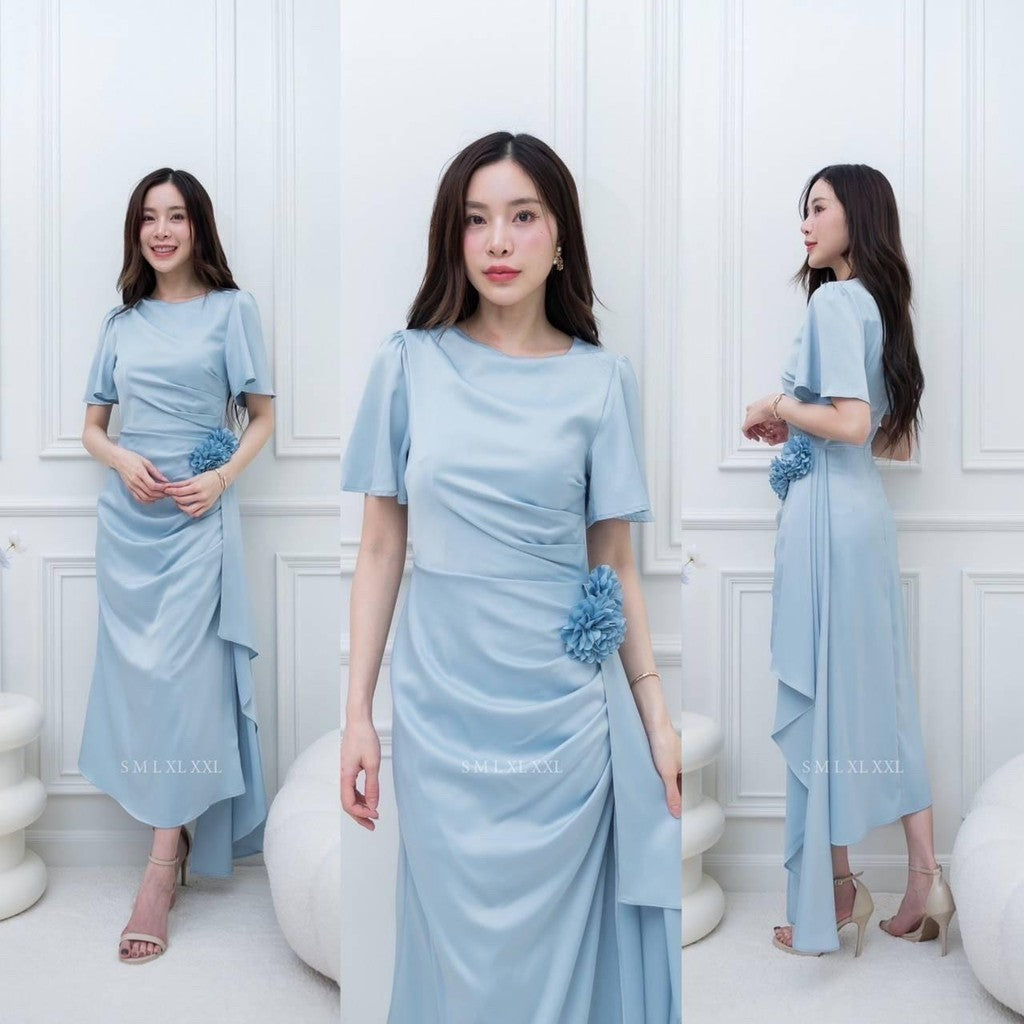 เดรสยาว ชุดออกงาน ชุดราตรียาว BELLE ผ้าเครปซาติน คอกลม สไบข้างกระโปรง ซับใน ซิปหลัง ผู้หญิง Dress