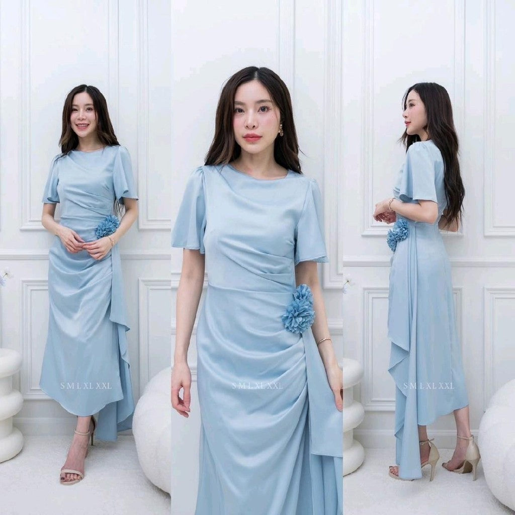 เดรสยาว ชุดออกงาน ชุดราตรียาว BELLE ผ้าเครปซาติน คอกลม สไบข้างกระโปรง ซับใน ซิปหลัง ผู้หญิง Dress