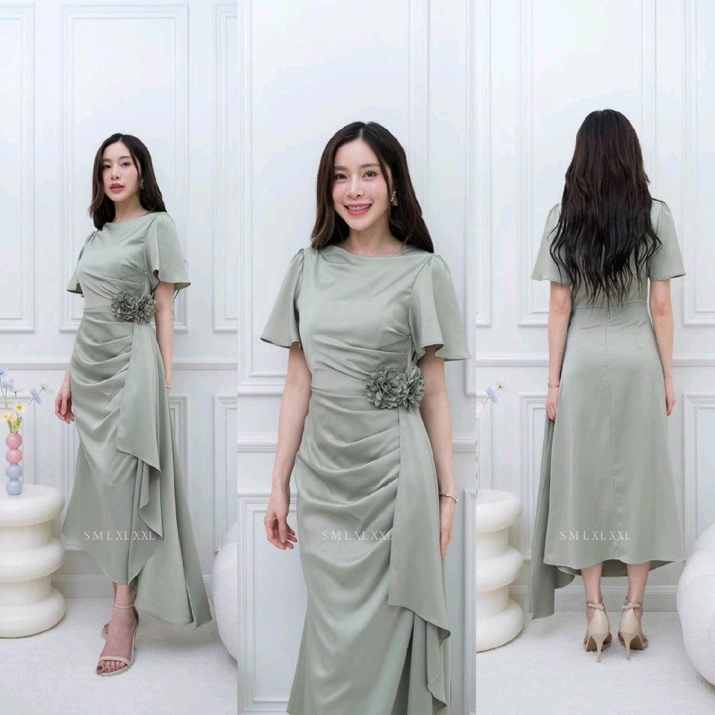 เดรสยาว ชุดออกงาน ชุดราตรียาว BELLE ผ้าเครปซาติน คอกลม สไบข้างกระโปรง ซับใน ซิปหลัง ผู้หญิง Dress