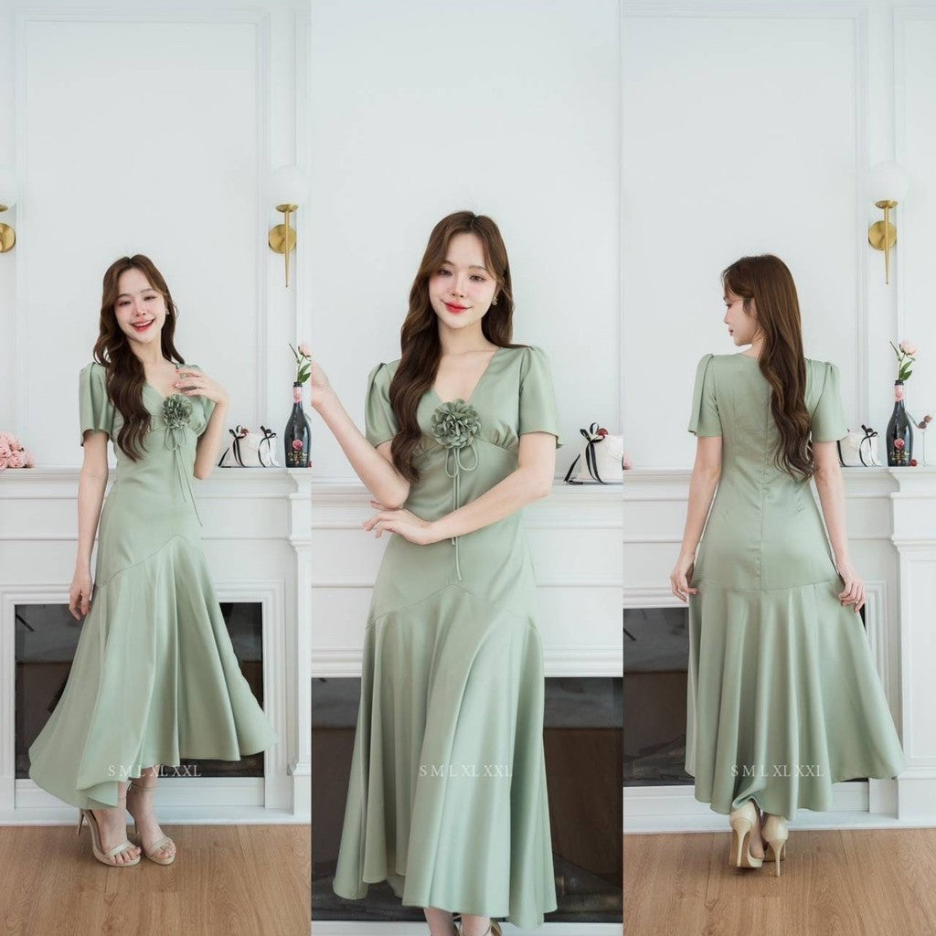 ชุดเดรส ชุดราตรี เดรส VIVA ผ้าเครปซาติน เดรสยาว แขนสั้น กระโปรงยาว ดอกไม้ Woman Dress ชุด ผู้หญิง