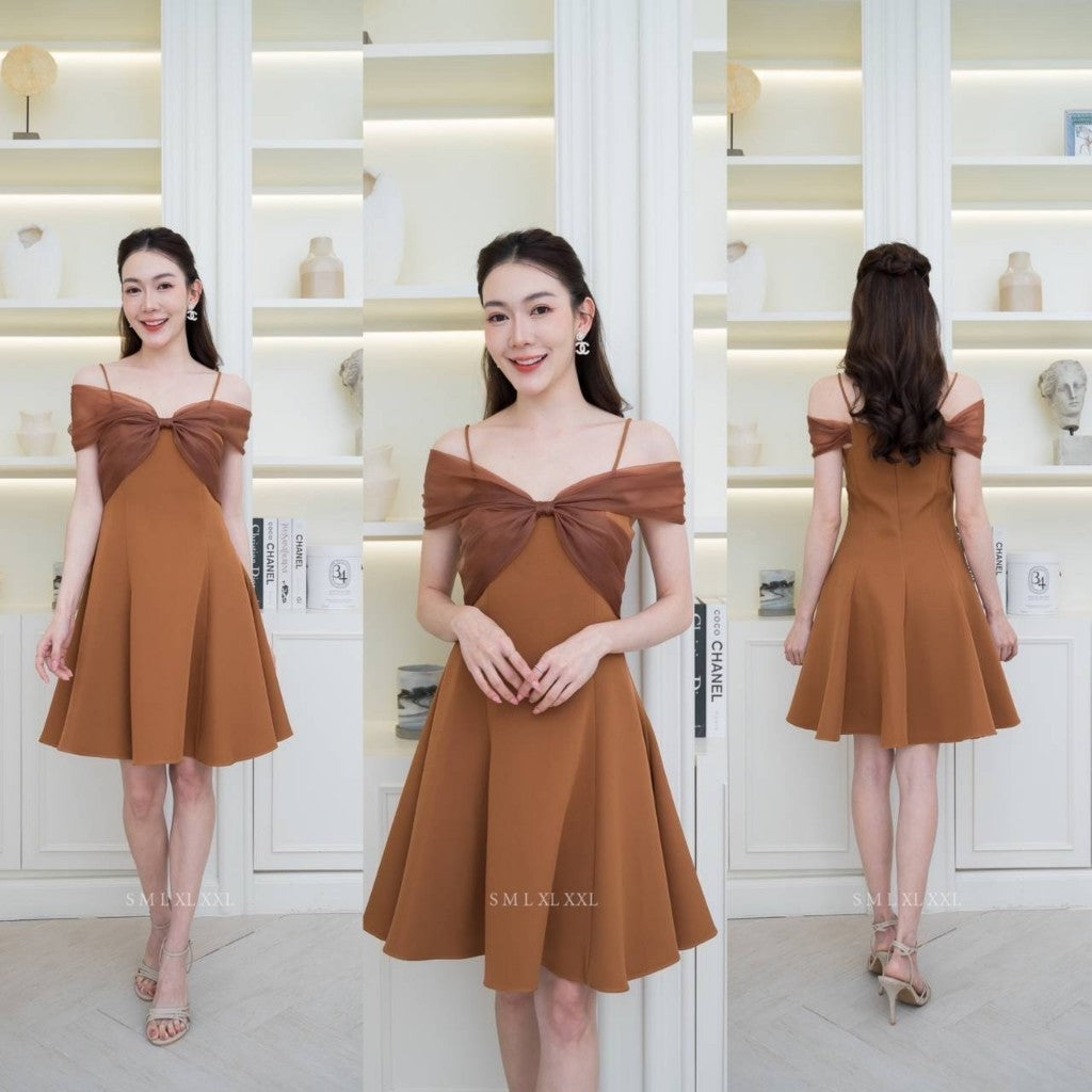 เดรสสั้น ชุดเดรส ชุดออกงาน BLOSSOM ผ้าโคโค่ สายเดี่ยว แต่งโบว์มัดอก ออแกนดี้ Woman Dress ผู้หญิง