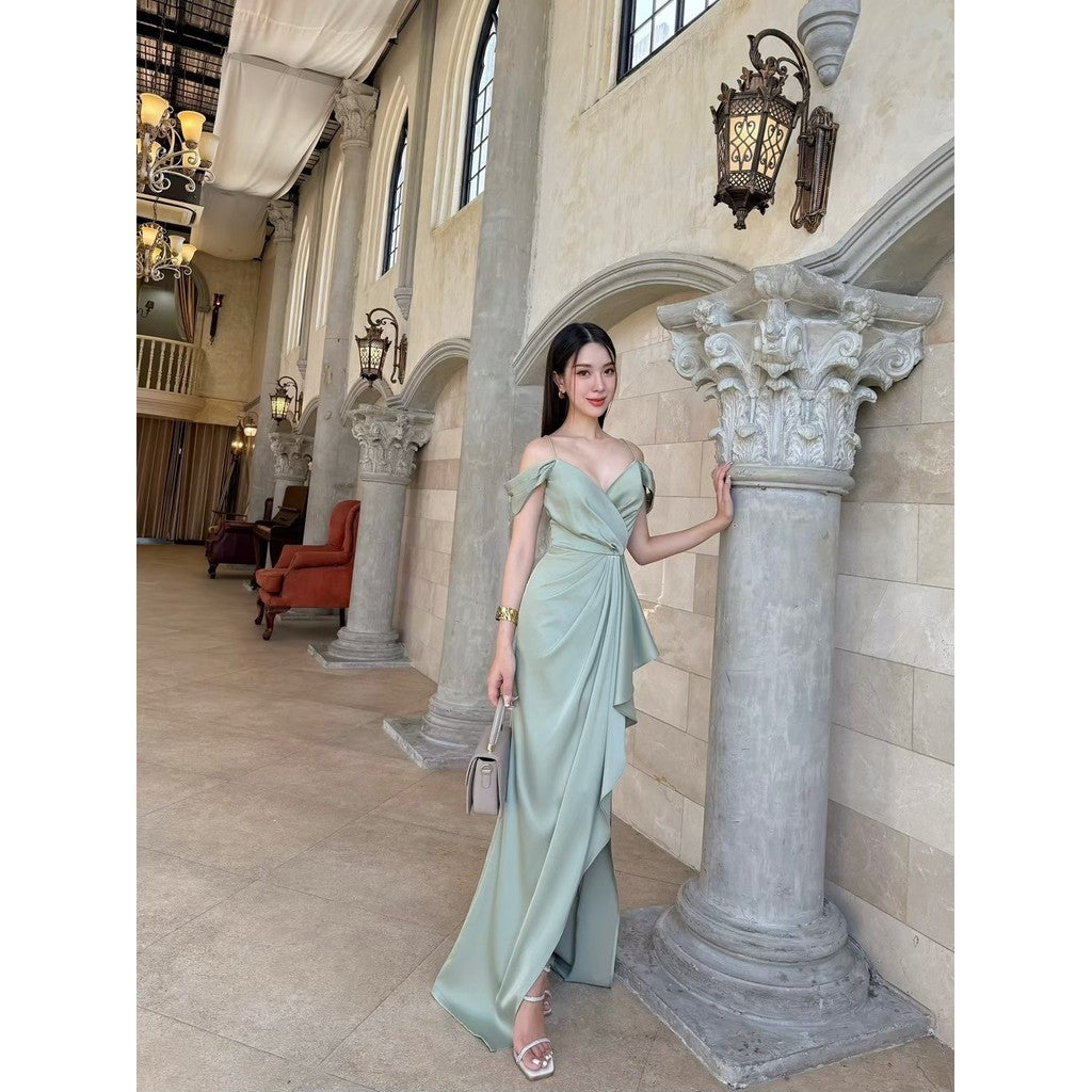 ชุดราตรี ชุดเดรสออกงาน เดรส DIVA Dress ผ้าเครปซาติน S-3XL สายเดี่ยว คล้องแขน เดรสยาว Woman Dresses