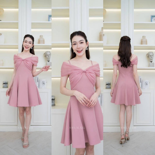 เดรสสั้น ชุดเดรส ชุดออกงาน BLOSSOM ผ้าโคโค่ สายเดี่ยว แต่งโบว์มัดอก ออแกนดี้ Woman Dress ผู้หญิง