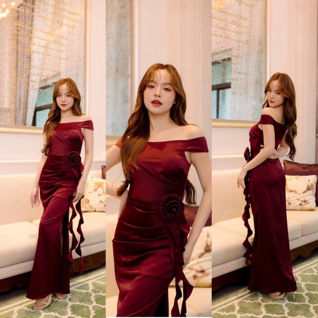 ชุดราตรียาว เดรสออกงาน เดรสยาว LUNA ปาดไหล่ตรง กระโปรงจีบข้าง กดเอ็น มีฟองน้ำ ผู้หญิง Woman