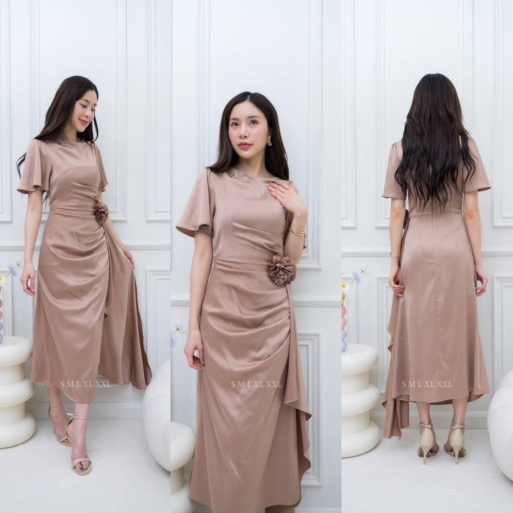เดรสยาว ชุดออกงาน ชุดราตรียาว BELLE ผ้าเครปซาติน คอกลม สไบข้างกระโปรง ซับใน ซิปหลัง ผู้หญิง Dress