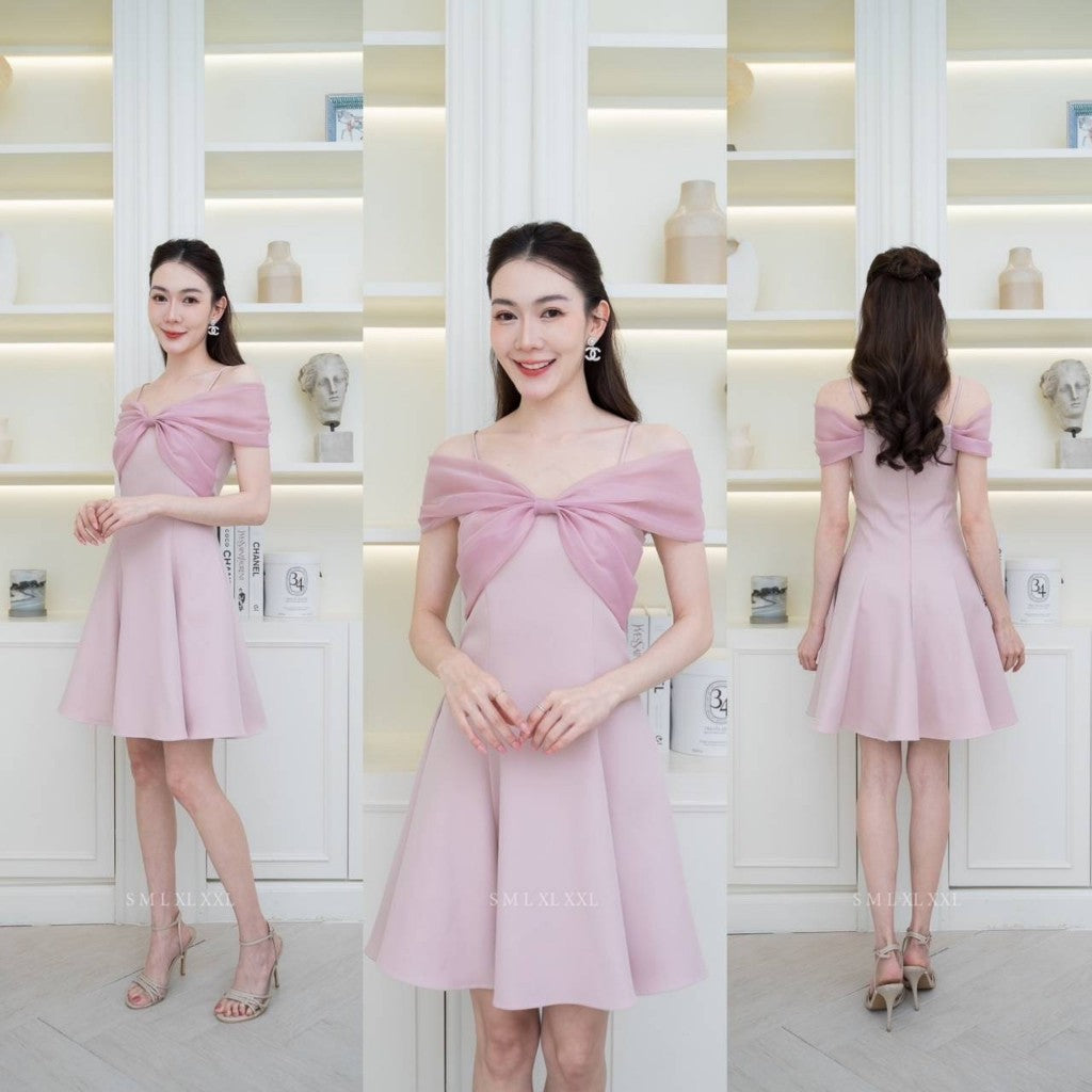 เดรสสั้น ชุดเดรส ชุดออกงาน BLOSSOM ผ้าโคโค่ สายเดี่ยว แต่งโบว์มัดอก ออแกนดี้ Woman Dress ผู้หญิง