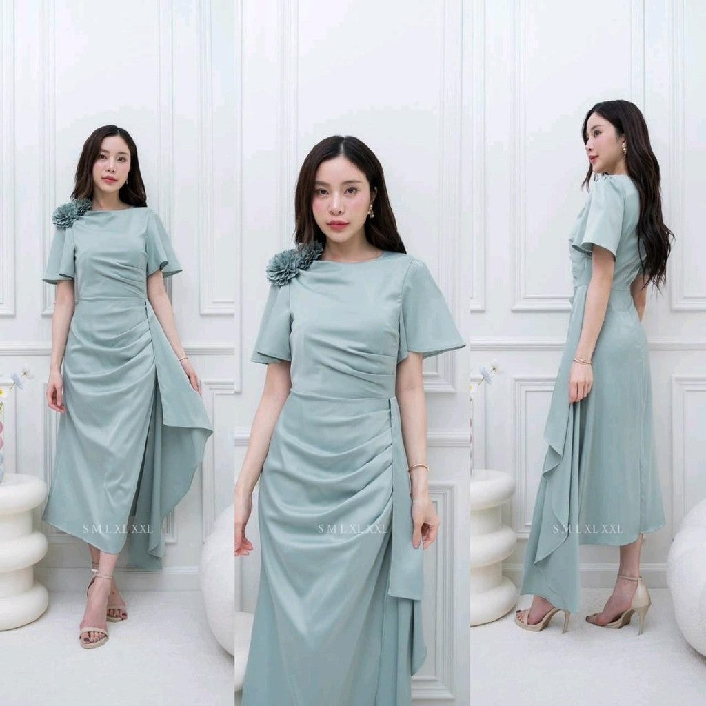 เดรสยาว ชุดออกงาน ชุดราตรียาว BELLE ผ้าเครปซาติน คอกลม สไบข้างกระโปรง ซับใน ซิปหลัง ผู้หญิง Dress