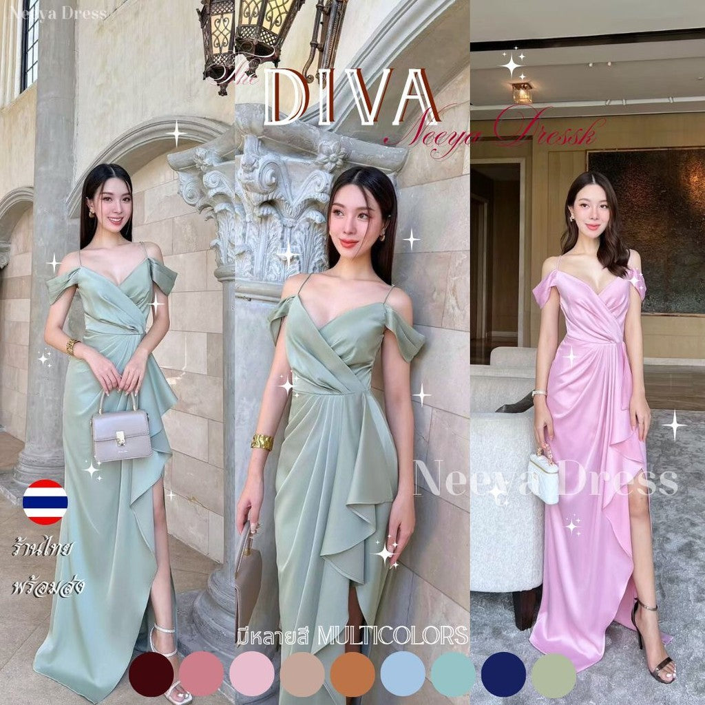 ชุดราตรี ชุดเดรสออกงาน เดรส DIVA Dress ผ้าเครปซาติน S-3XL สายเดี่ยว คล้องแขน เดรสยาว Woman Dresses