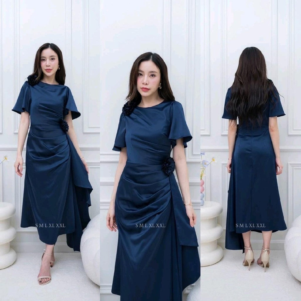 เดรสยาว ชุดออกงาน ชุดราตรียาว BELLE ผ้าเครปซาติน คอกลม สไบข้างกระโปรง ซับใน ซิปหลัง ผู้หญิง Dress