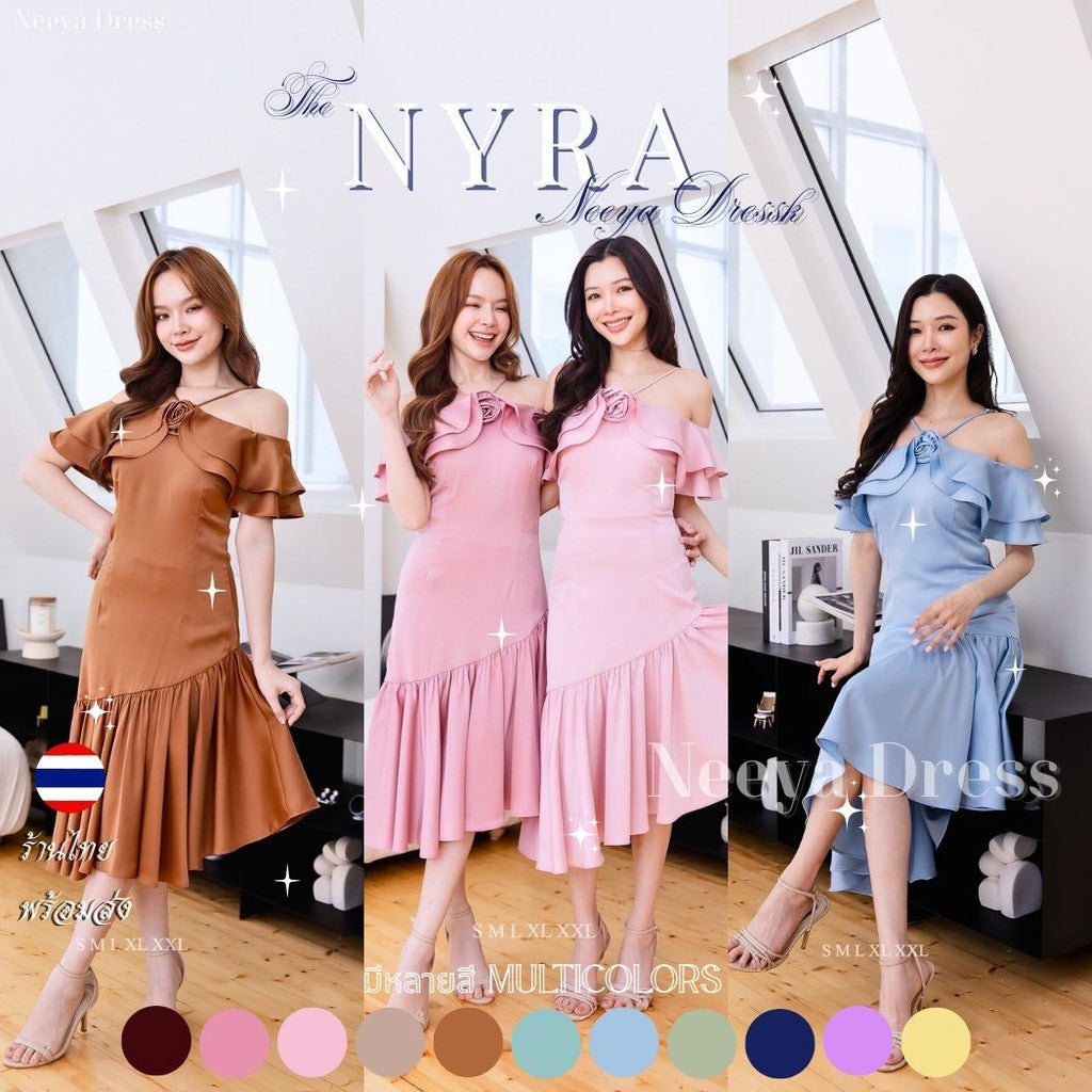 เดรสยาว ชุดออกงาน ชุดราตรียาว NYRA พรีเมี่ยม สายเดี่ยว ระบายอก ปิดแขน ซับใน ซิปหลัง ผู้หญิง Dress