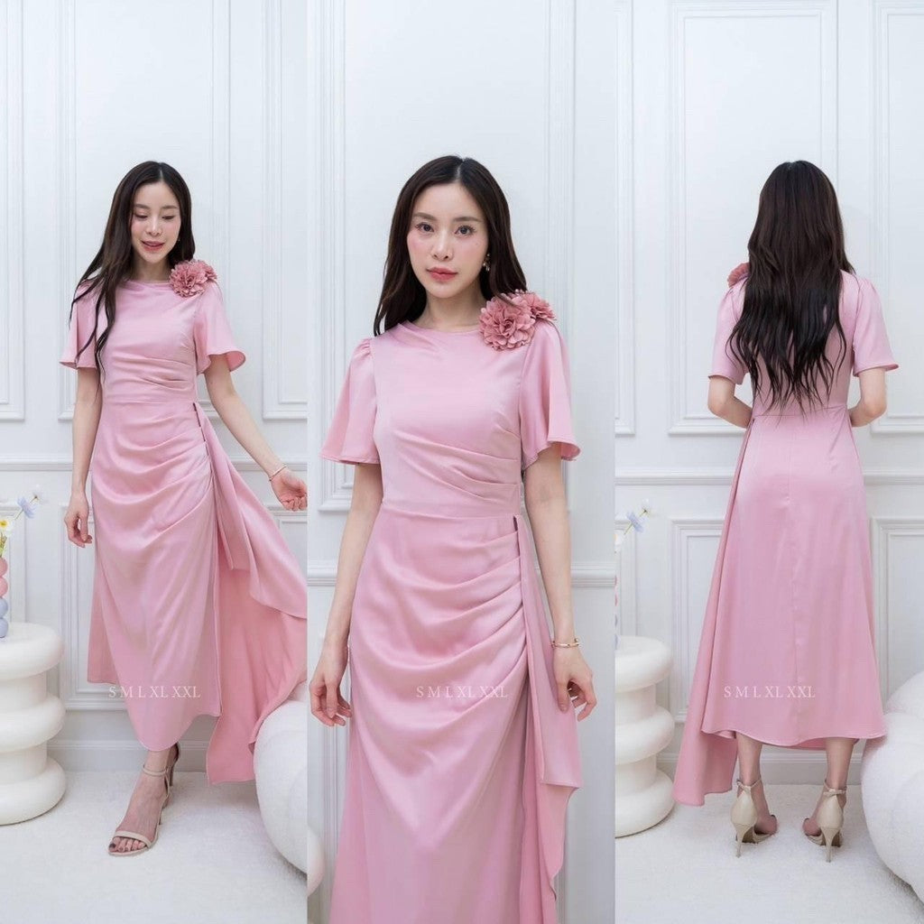เดรสยาว ชุดออกงาน ชุดราตรียาว BELLE ผ้าเครปซาติน คอกลม สไบข้างกระโปรง ซับใน ซิปหลัง ผู้หญิง Dress