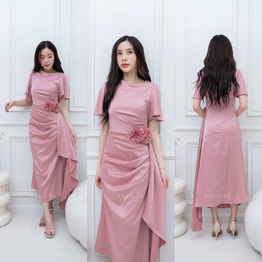 เดรสยาว ชุดออกงาน ชุดราตรียาว BELLE ผ้าเครปซาติน คอกลม สไบข้างกระโปรง ซับใน ซิปหลัง ผู้หญิง Dress