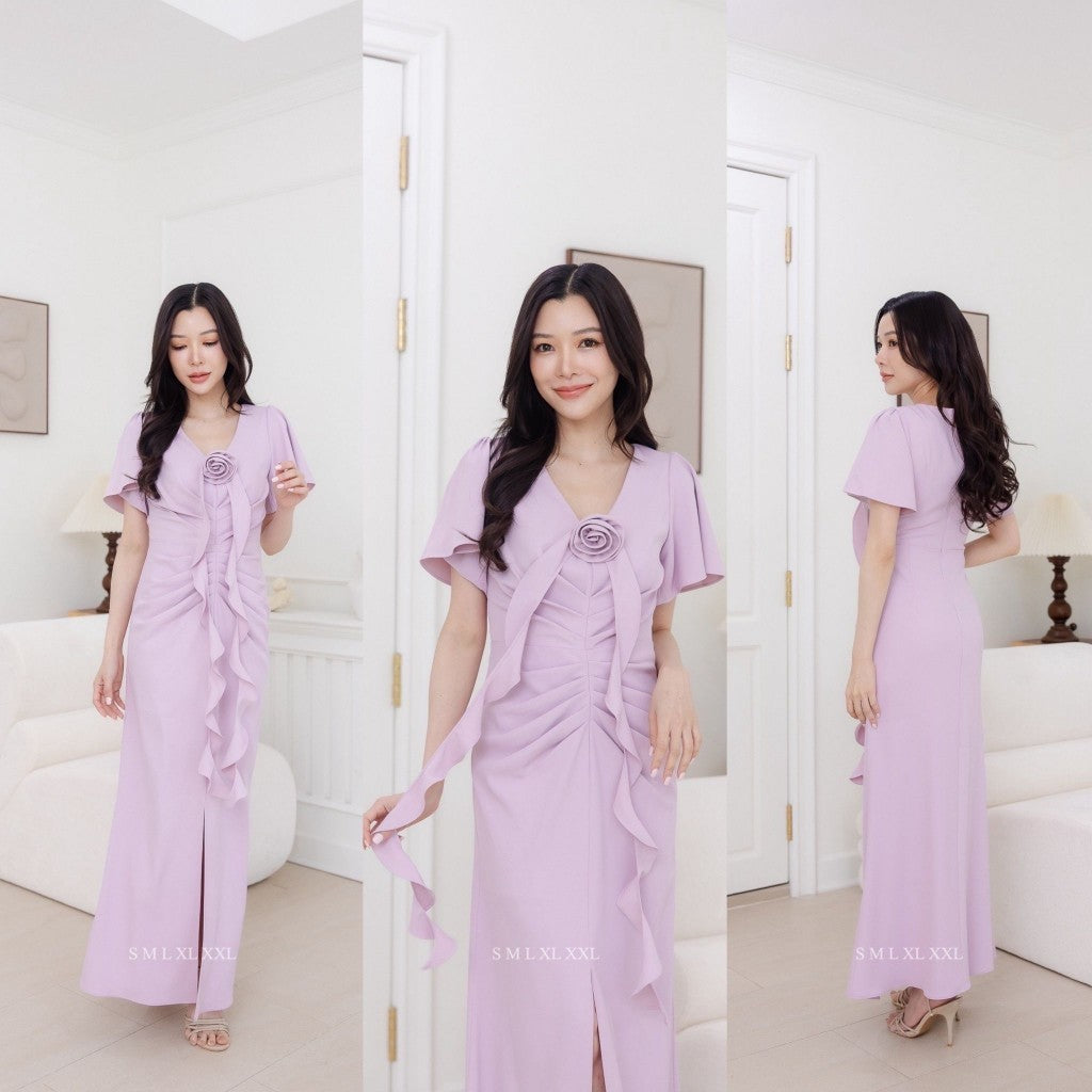 เดรสยาว ชุดราตรี ชุดออกงาน Pearl เรียบร้อย แขนสั้น คอวี จีบพรางหน้าท้อง ดอกไม้ ชุดราตรี Woman Dress