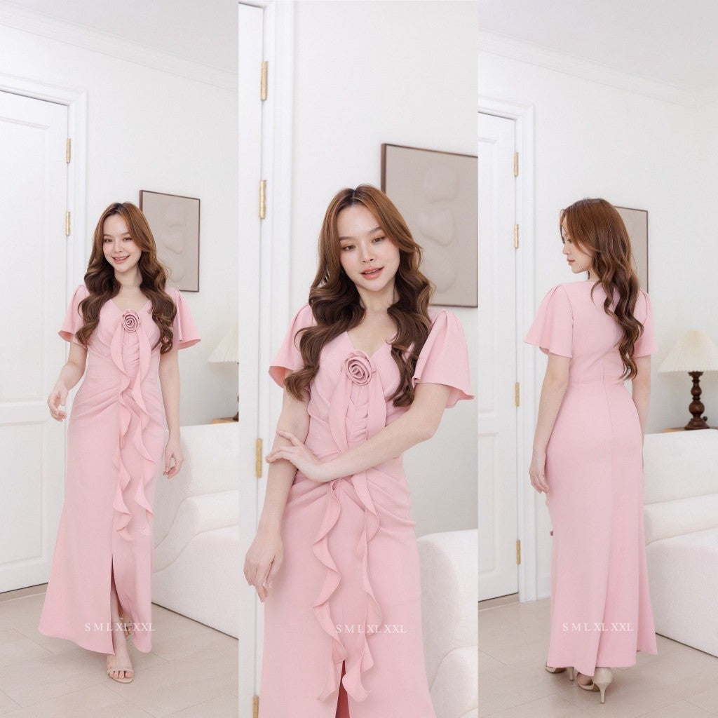 เดรสยาว ชุดราตรี ชุดออกงาน Pearl เรียบร้อย แขนสั้น คอวี จีบพรางหน้าท้อง ดอกไม้ ชุดราตรี Woman Dress
