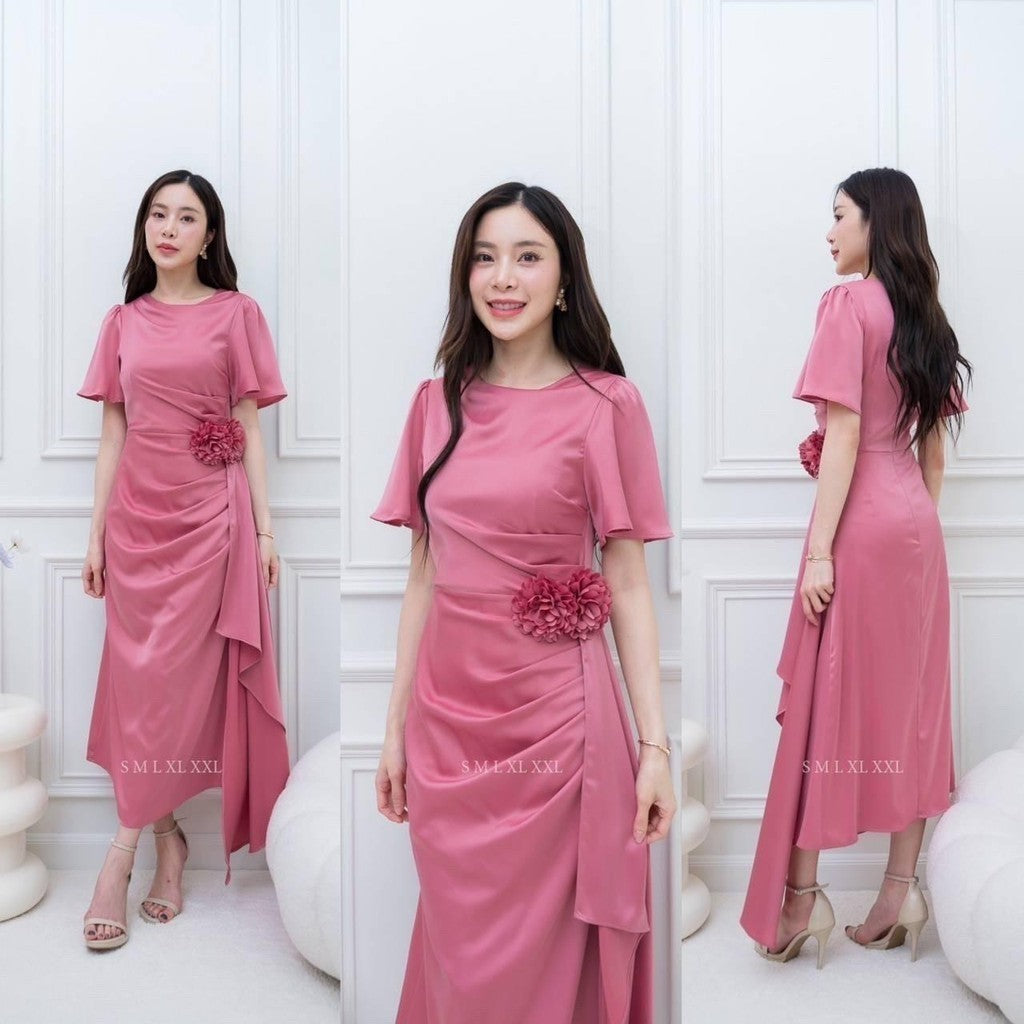 เดรสยาว ชุดออกงาน ชุดราตรียาว BELLE ผ้าเครปซาติน คอกลม สไบข้างกระโปรง ซับใน ซิปหลัง ผู้หญิง Dress