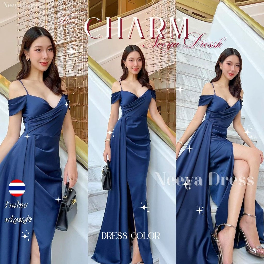 ชุดเดรสออกงาน ชุดราตรี CHARM เดรส Dress ชุดออกงาน ชุดเดรสออกงาน เดรสยาว สายเดี่ยว ผ้าห้อย Woman