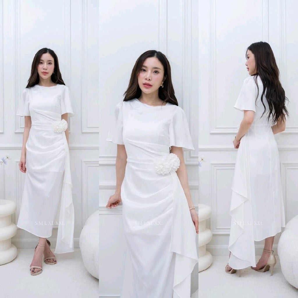 เดรสยาว ชุดออกงาน ชุดราตรียาว BELLE ผ้าเครปซาติน คอกลม สไบข้างกระโปรง ซับใน ซิปหลัง ผู้หญิง Dress