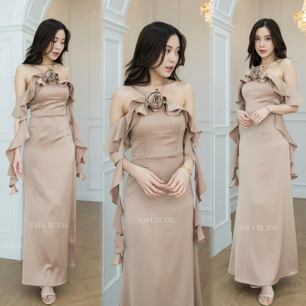 เดรสยาว เดรสออกงาน NP037 ชุดเดรส ชุดราตรี เกรดพรีเมี่ยม สายเดียว มีดอกไม้ งานแต่งงาน Woman Dress