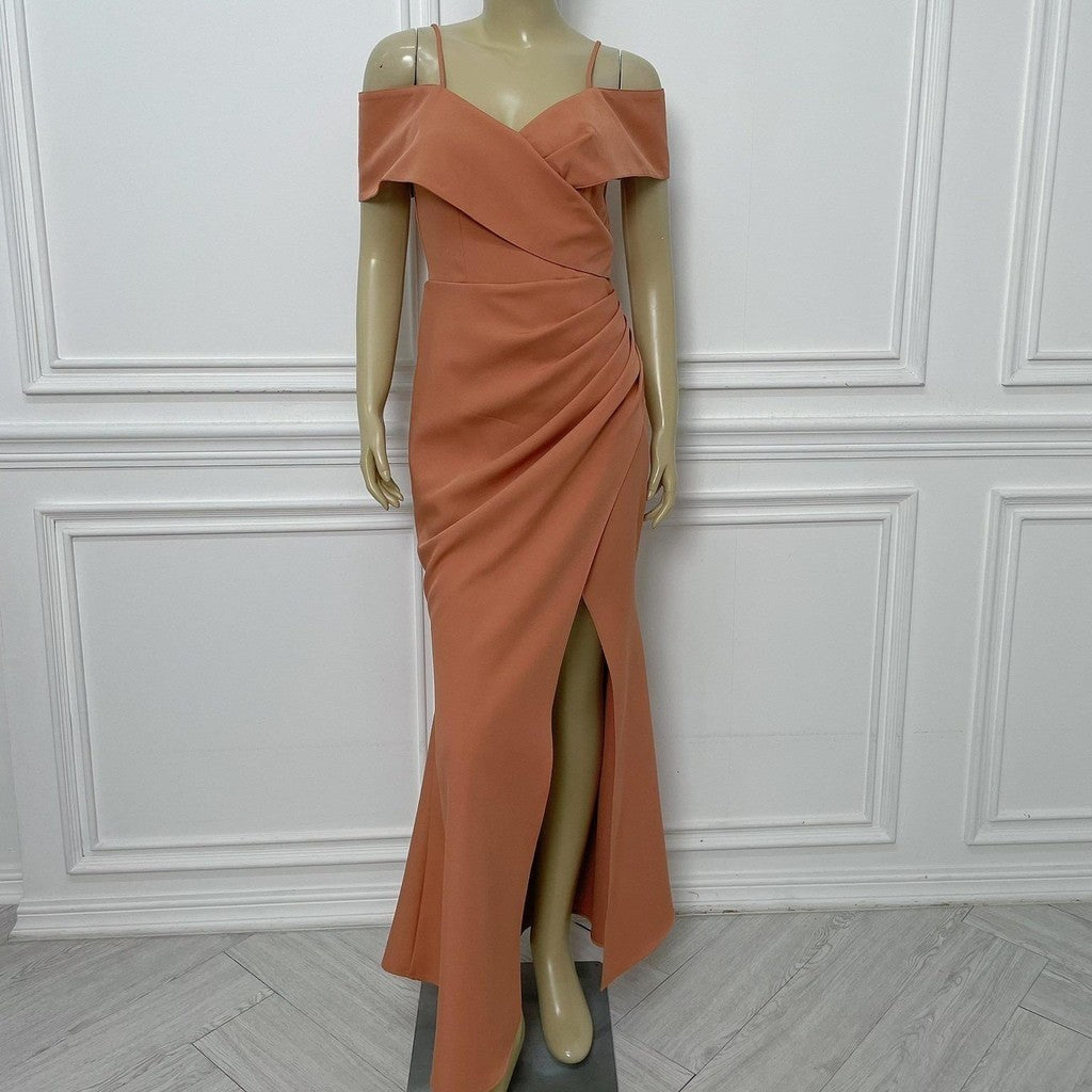 เดรสยาว ชุดออกงาน ชุดราตรี เดรสหรู N295 ผ้าโคโค่ สายเดี่ยวอ้อมแขน ต่ออก Woman Dress ผู้หญิง