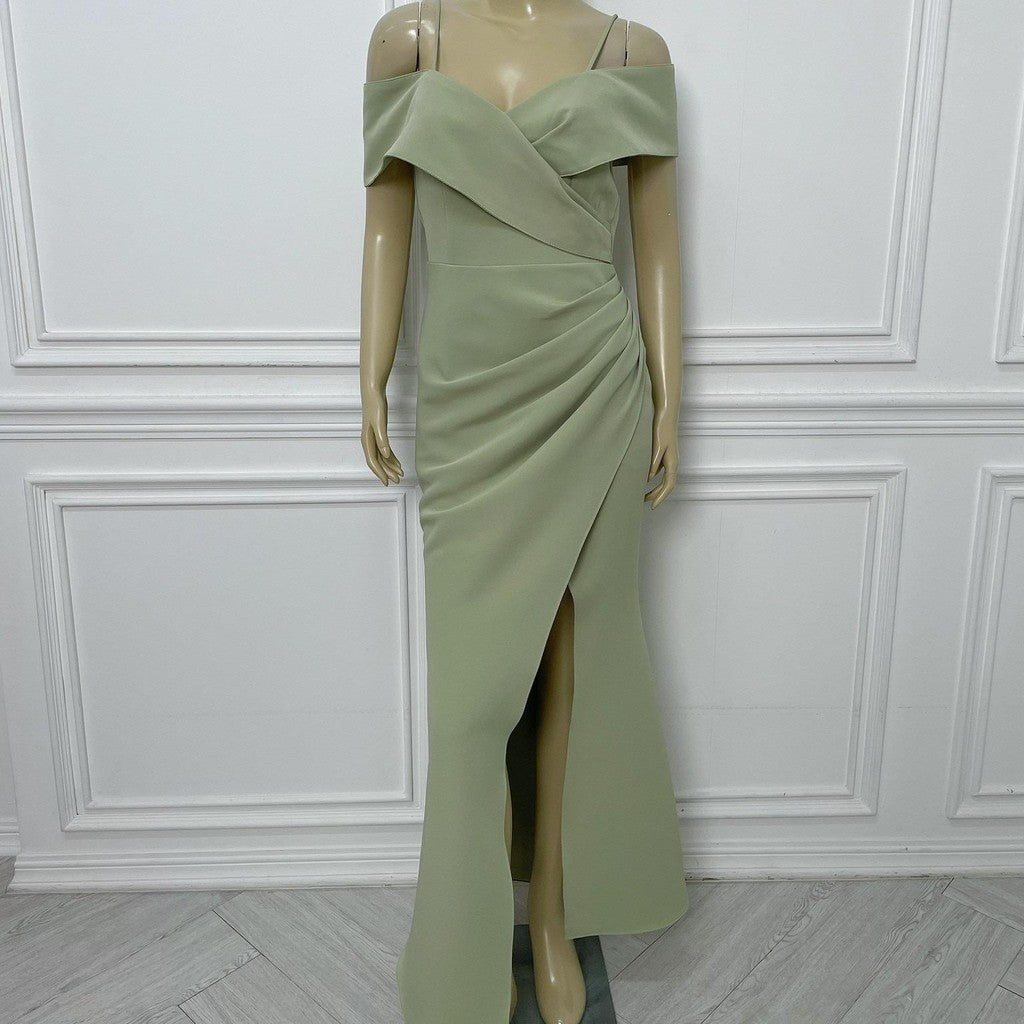 เดรสยาว ชุดออกงาน ชุดราตรี เดรสหรู N295 ผ้าโคโค่ สายเดี่ยวอ้อมแขน ต่ออก Woman Dress ผู้หญิง