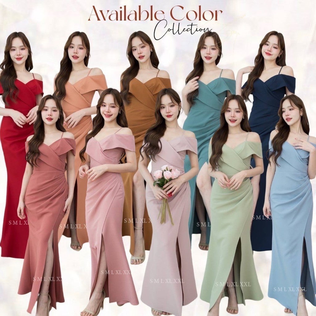 เดรสยาว ชุดออกงาน ชุดราตรียาว เดรสหรู N295 ผ้าโคโค่ สายเดี่ยวอ้อมแขน ต่ออก งานแต่งงาน Woman Dress ซาติน เสื้อผ้า ผู้หญิง