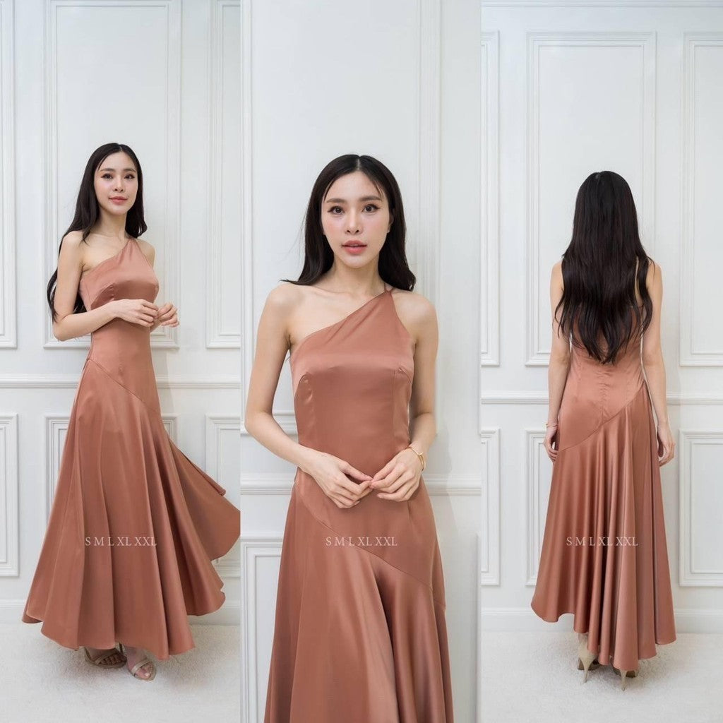ชุดไปงานแต่ง ชุดไปงานแต่งงาน ชุดเดรส ชุดราตรี N292 ผ้าเครปซาติน เดรสยาว ปาดไหล่ 2 สาย ชายหางปลา งานแต่งงาน Woman Dress