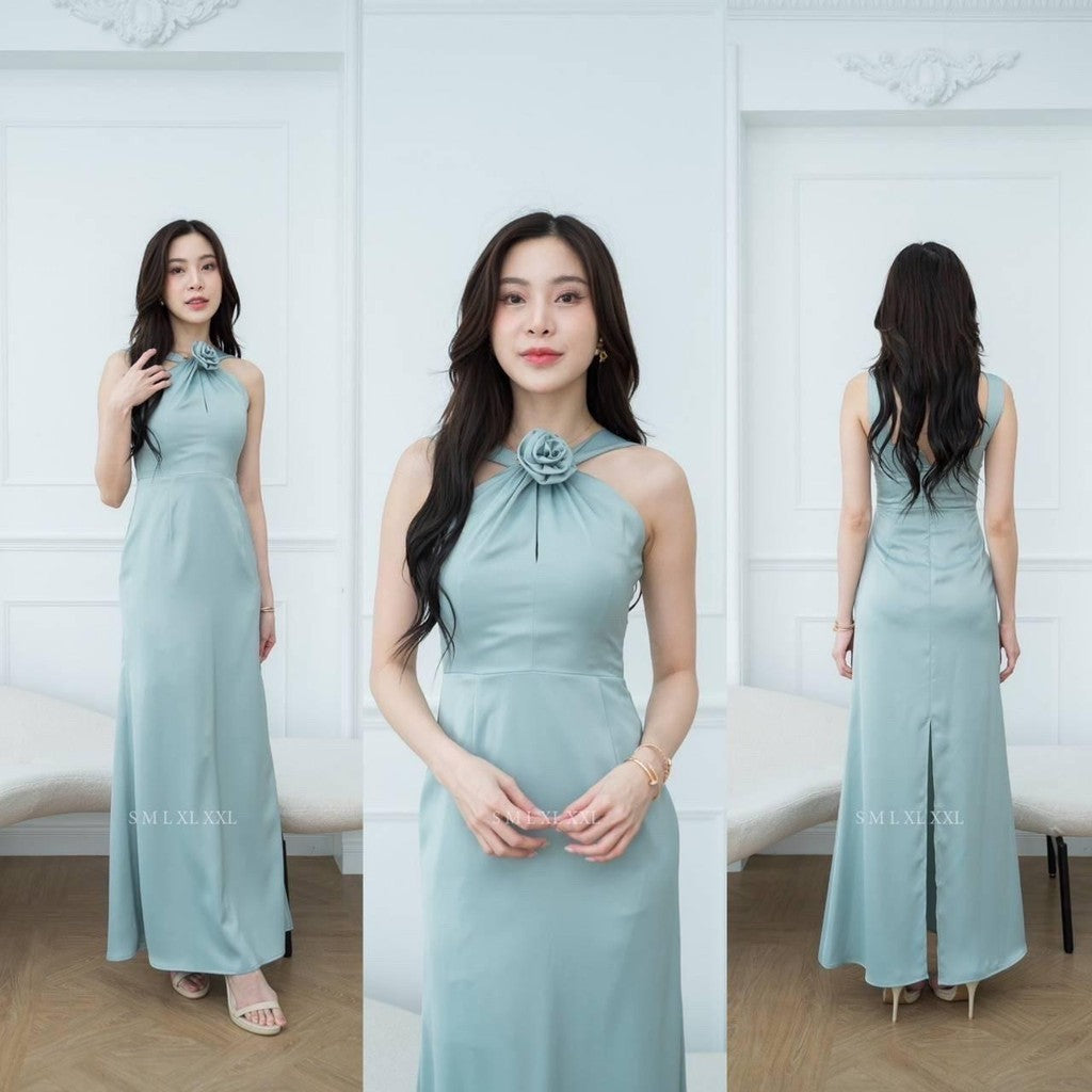 เดรสยาว ชุดออกงาน ชุดราตรียาว เดรสหรู NP040 เกรดพรีเมี่ยม แถมดอกไม้เข็มกลัด 1 ดอก ผูกคอ ผูกแขนได้ Woman Dress