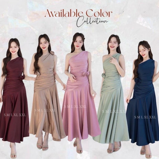 เดรสยาว ชุดออกงาน ชุดราตรียาว เดรสหรู NP050 เกรดพรีเมี่ยม ไหล่เบี่ยง Woman Dress เสื้อผ้า ผู้หญิง