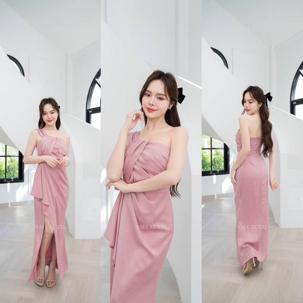 เดรสยาว ชุดเดรส ชุดราตรี NP045 พรีเมี่ยม แต่งอกเก๋ๆ กระโปรงยาว จีบพรางท้อง Woman Dress ผู้หญิง