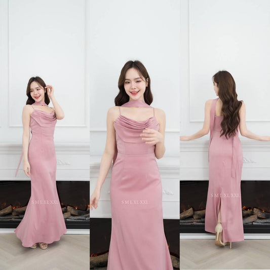 ชุดไปงานแต่ง ชุดไปงานแต่งงาน ชุดเดรส ชุดราตรี N291 ผ้าเครปซาติน เดรสยาว สายเดี่ยว คอถ่วง กระโปรงยาว Woman Dress  ผู้หญิง