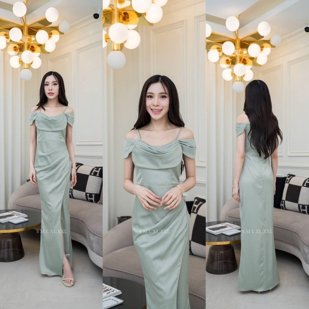 ชุดไปงานแต่ง ชุดไปงานแต่งงาน ชุดเดรส ชุดราตรี N294 ผ้าเครปซาติน คอถ่วง3ชั้น ระบายแยก อิสระ งานแต่งงาน เสื้อผ้า ผู้หญิง