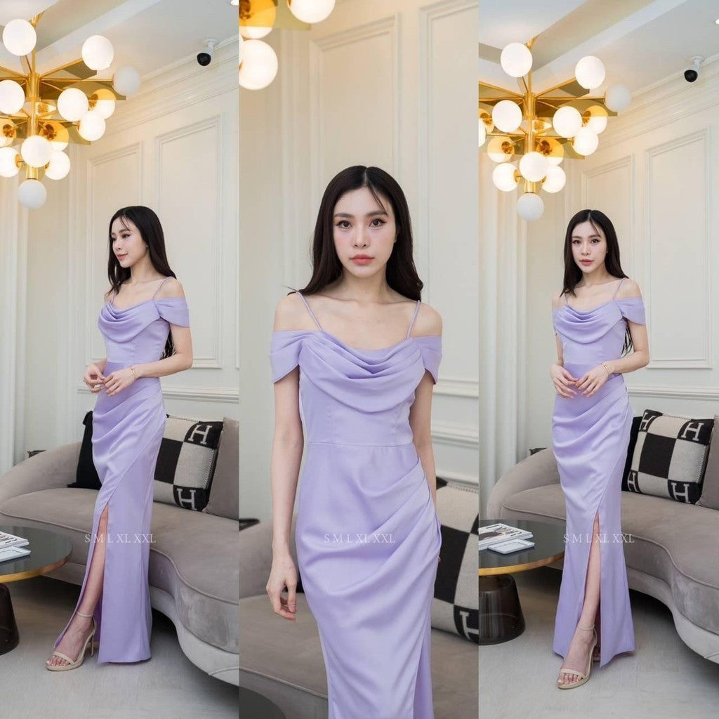 ชุดไปงานแต่ง ชุดไปงานแต่งงาน ชุดเดรส ชุดราตรี N294 ผ้าเครปซาติน คอถ่วง3ชั้น ระบายแยก อิสระ งานแต่งงาน เสื้อผ้า ผู้หญิง