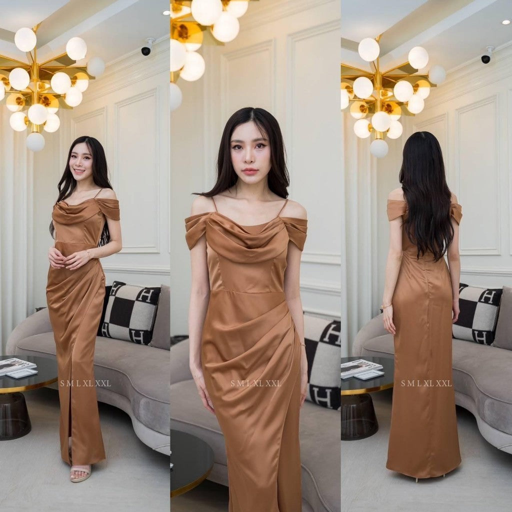 ชุดไปงานแต่ง เรียบหรู ดูแพง ชุดราตรี N294 ผ้าเครปซาติน คอถ่วง3ชั้น ระบาย งานแต่งงาน Woman Dress ซาติน เสื้อผ้า ผู้หญิง