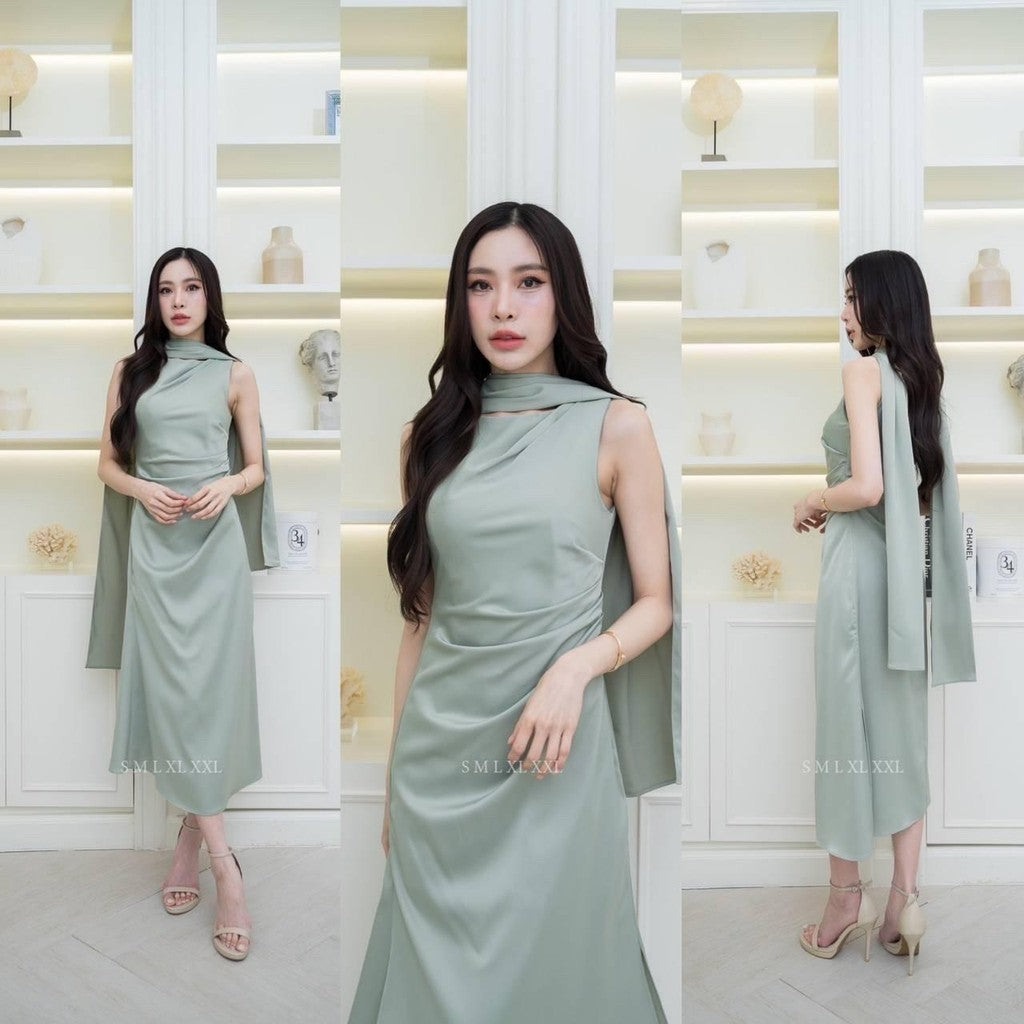 เดรสยาว ชุดออกงาน ชุดราตรี เดรสหรู N293 ผ้าเครปซาติน คอกลม แขนกุด แถมผ้าพันคอ ผู้หญิง Dress Woman
