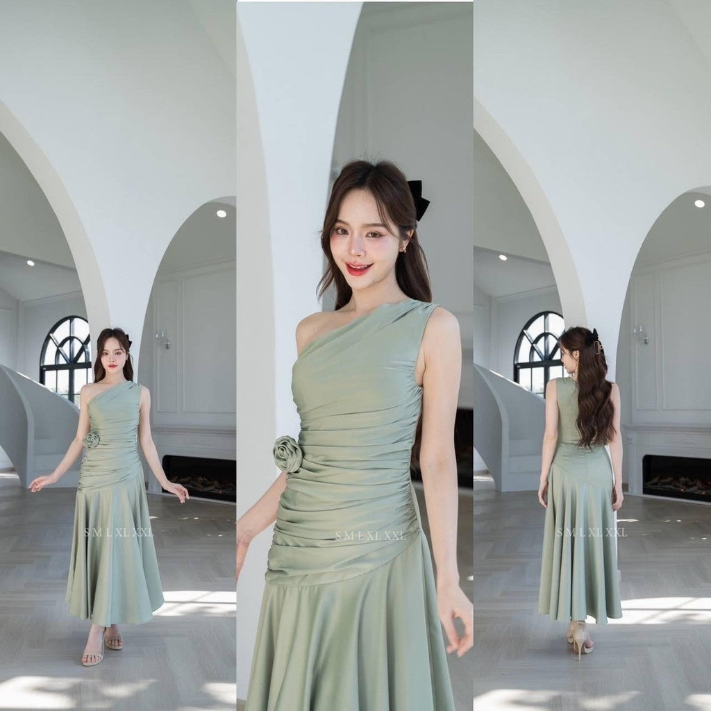 เดรสยาว ชุดออกงาน ชุดราตรียาว เดรสหรู NP050 เกรดพรีเมี่ยม ไหล่เบี่ยง Woman Dress เสื้อผ้า ผู้หญิง