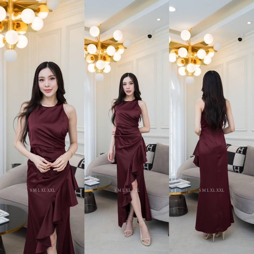 ชุดไปงานแต่ง เรียบหรู ดูแพง ชุดราตรี NP046 เกรดพรีเมี่ยม คอกลม กล้ามแขนกุด กระโปรงจีบ ระบาย Woman Dress เสื้อผ้า ผู้หญิง