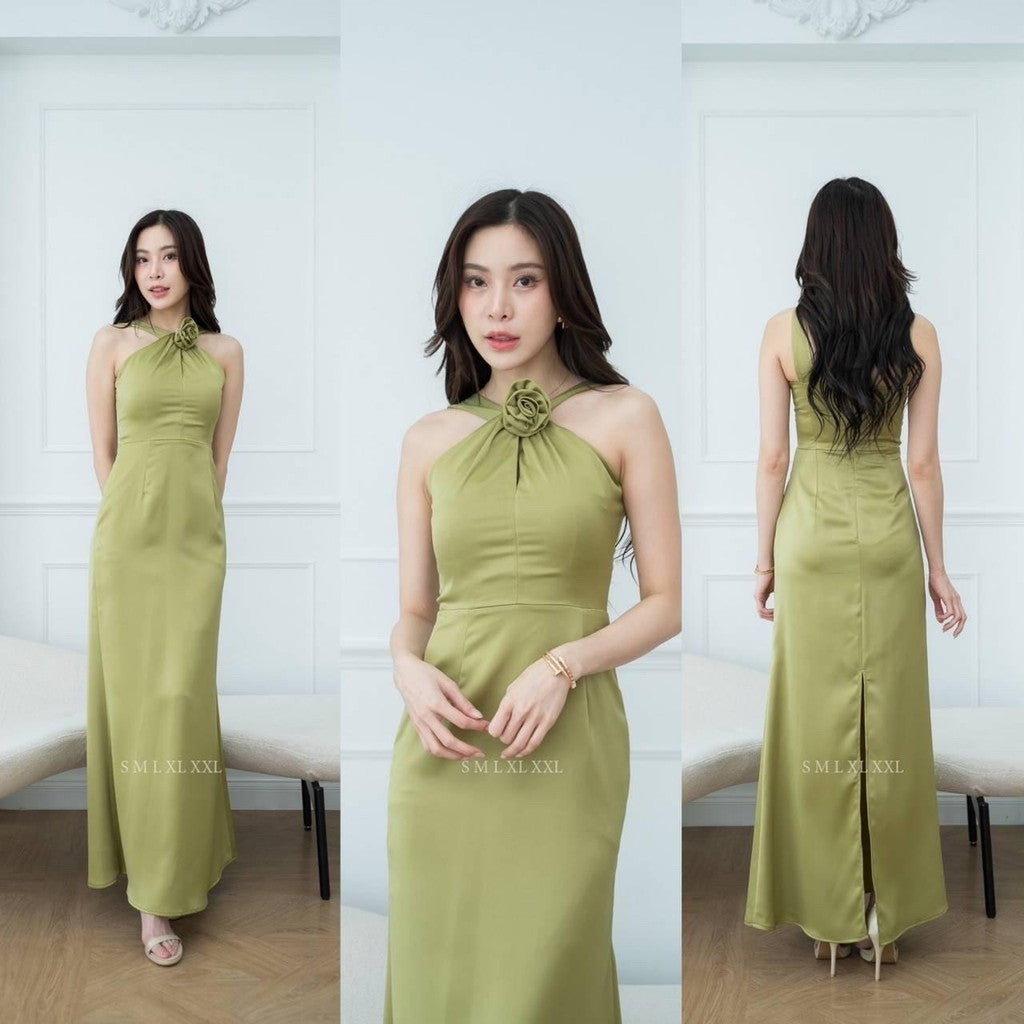 เดรสยาว ชุดออกงาน ชุดราตรียาว เดรสหรู NP040 เกรดพรีเมี่ยม แถมดอกไม้เข็มกลัด 1 ดอก ผูกคอ ผูกแขนได้ Woman Dress