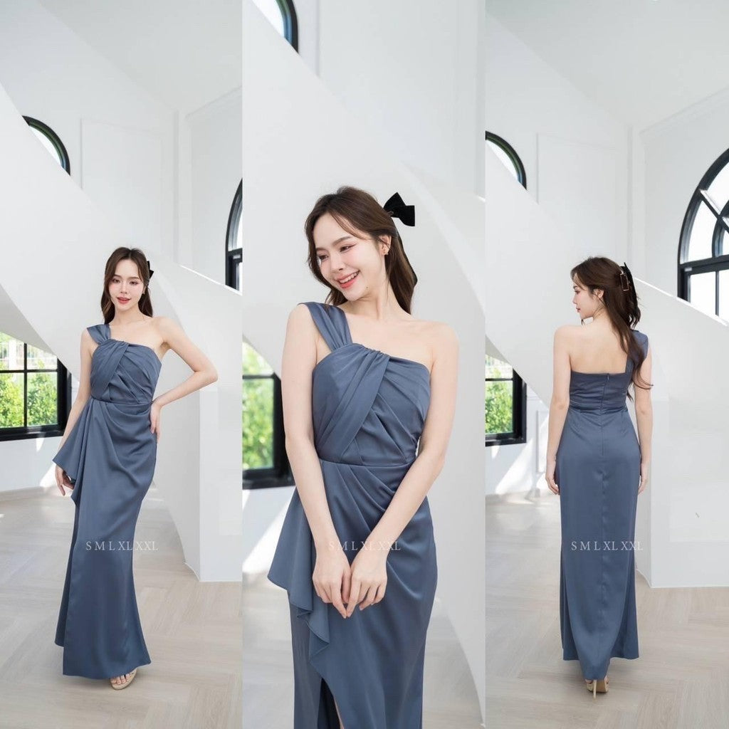 เดรสยาว ชุดเดรส ชุดราตรี NP045 พรีเมี่ยม แต่งอกเก๋ๆ กระโปรงยาว จีบพรางท้อง Woman Dress ผู้หญิง