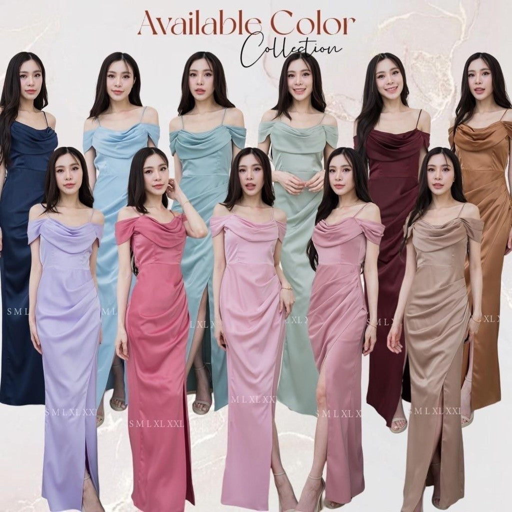 ชุดไปงานแต่ง เรียบหรู ดูแพง ชุดราตรี N294 ผ้าเครปซาติน คอถ่วง3ชั้น ระบาย งานแต่งงาน Woman Dress ซาติน เสื้อผ้า ผู้หญิง