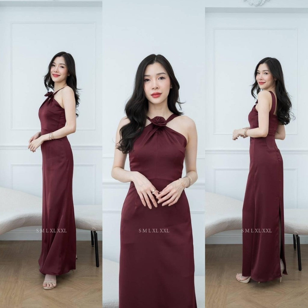 เดรสยาว ชุดออกงาน ชุดราตรียาว เดรสหรู NP040 เกรดพรีเมี่ยม แถมดอกไม้เข็มกลัด 1 ดอก ผูกคอ ผูกแขนได้ Woman Dress