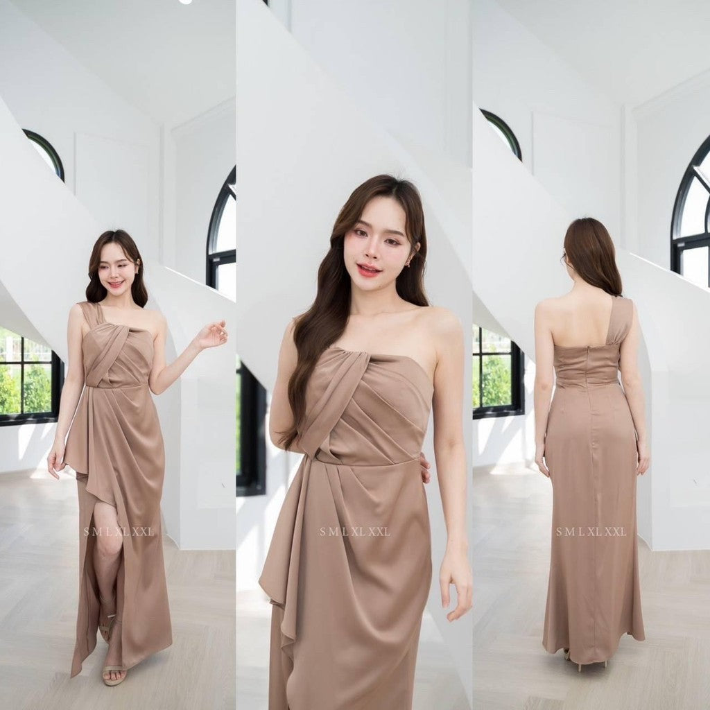 เดรสยาว ชุดเดรส ชุดราตรี NP045 พรีเมี่ยม แต่งอกเก๋ๆ กระโปรงยาว จีบพรางท้อง Woman Dress ผู้หญิง