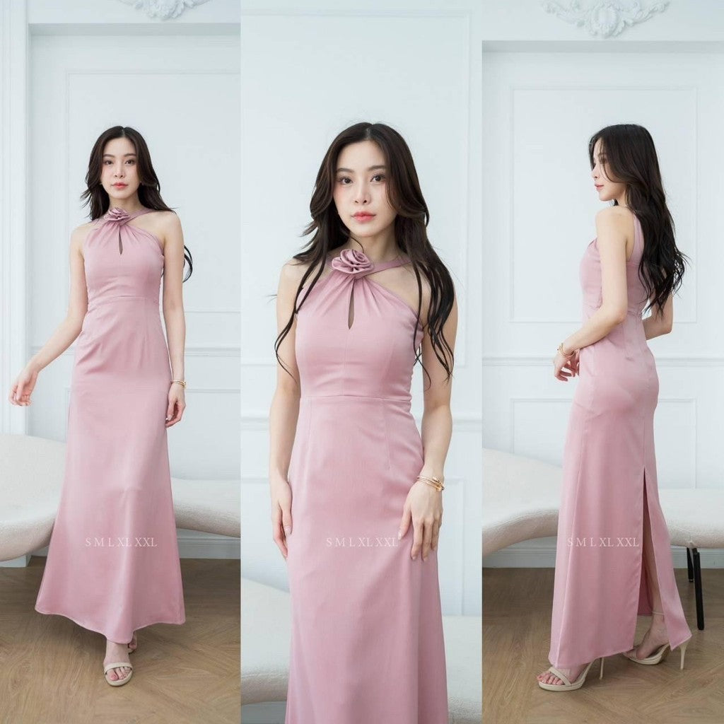 เดรสยาว ชุดออกงาน ชุดราตรียาว เดรสหรู NP040 เกรดพรีเมี่ยม แถมดอกไม้เข็มกลัด 1 ดอก ผูกคอ ผูกแขนได้ Woman Dress