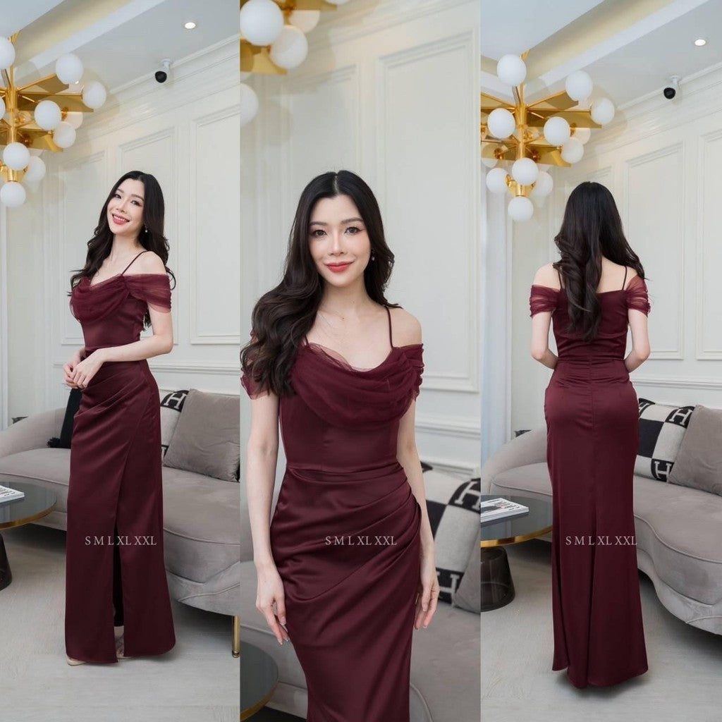 ชุดไปงานแต่ง เรียบหรู ดูแพง ชุดราตรี NP049 เกรดพรีเมี่ยม ผ้าเครปซาติน สายเดี่ยว มุ้งคอถ่วง  Woman Dress เสื้อผ้า ผู้หญิง