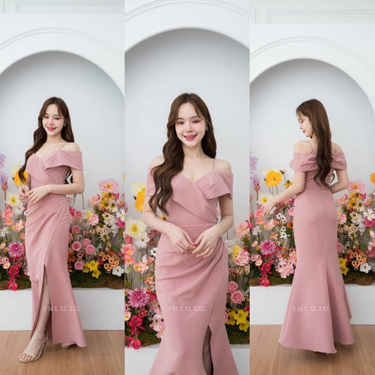 เดรสยาว ชุดออกงาน ชุดราตรียาว เดรสหรู N295 ผ้าโคโค่ สายเดี่ยวอ้อมแขน ต่ออก งานแต่งงาน Woman Dress ซาติน เสื้อผ้า ผู้หญิง