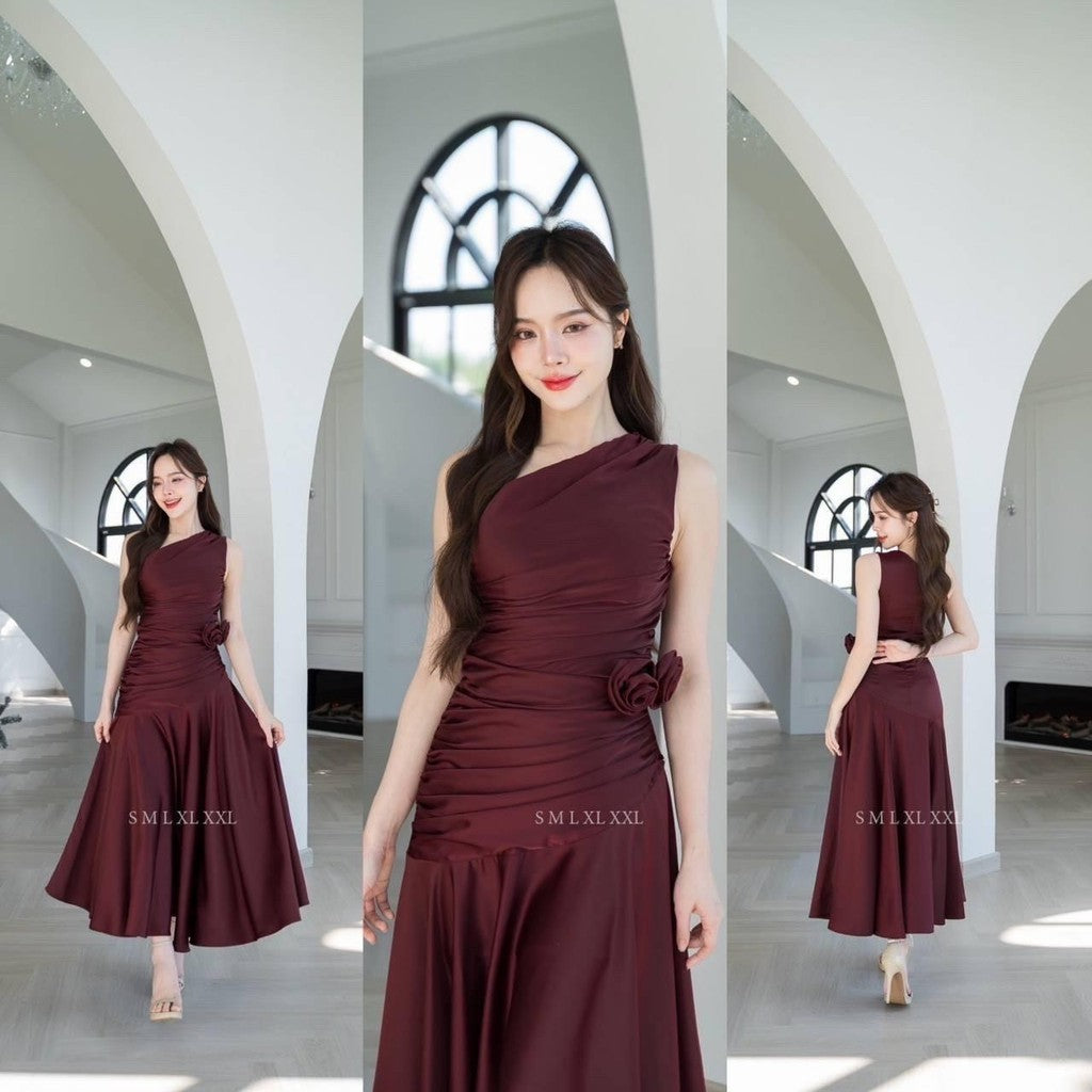 เดรสยาว ชุดออกงาน ชุดราตรียาว เดรสหรู NP050 เกรดพรีเมี่ยม ไหล่เบี่ยง Woman Dress เสื้อผ้า ผู้หญิง