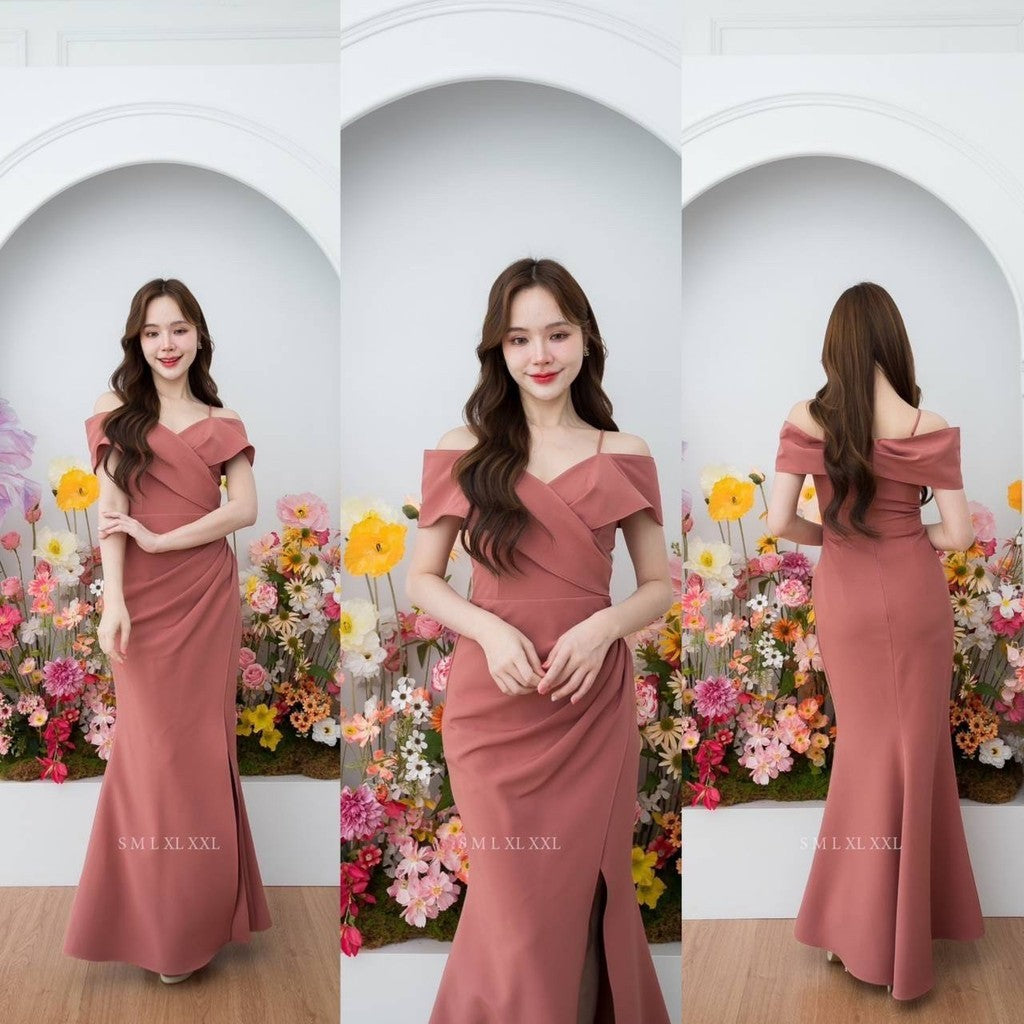 เดรสยาว ชุดออกงาน ชุดราตรียาว เดรสหรู N295 ผ้าโคโค่ สายเดี่ยวอ้อมแขน ต่ออก งานแต่งงาน Woman Dress ซาติน เสื้อผ้า ผู้หญิง