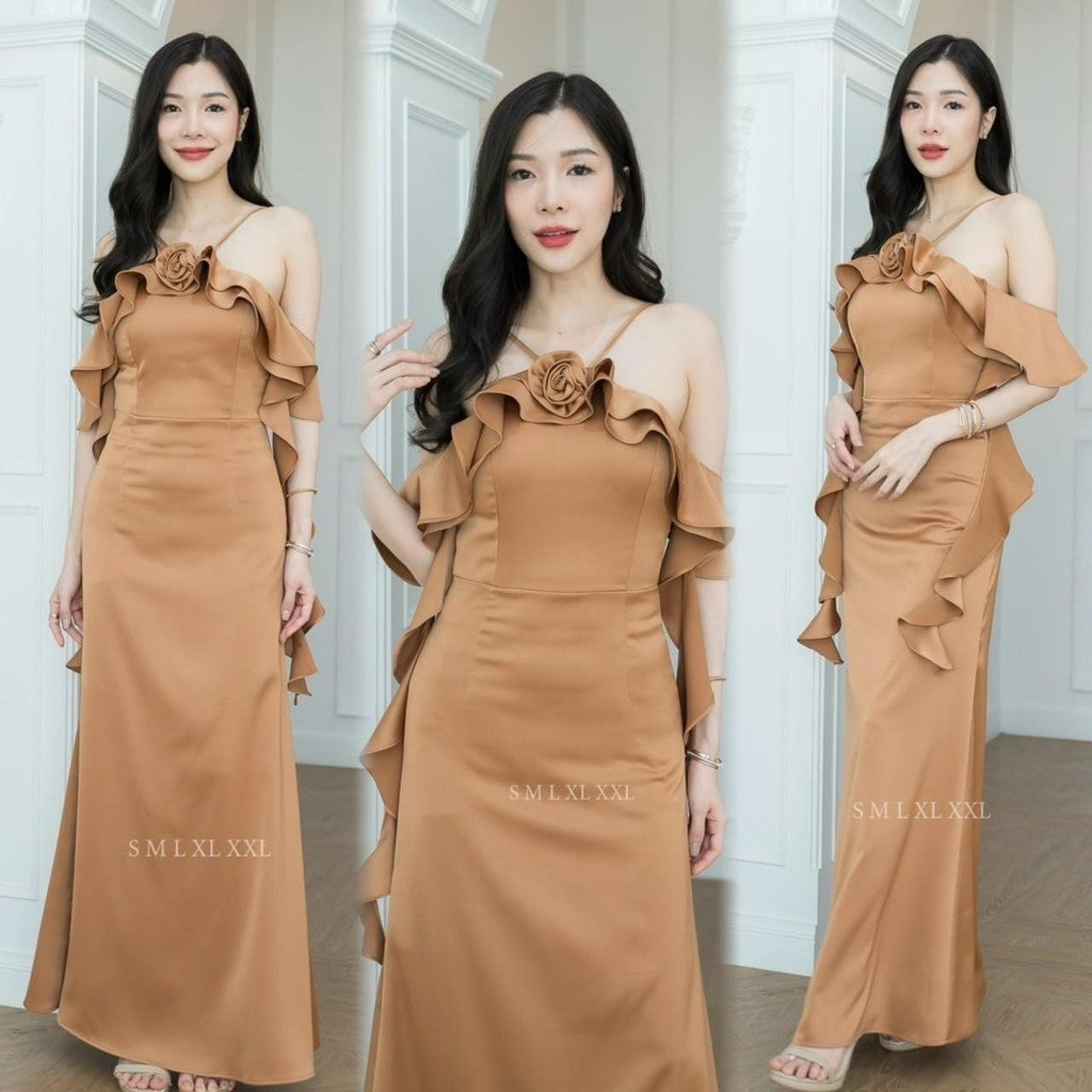 เดรสยาว เดรสออกงาน NP037 ชุดเดรส ชุดราตรี เกรดพรีเมี่ยม สายเดียว มีดอกไม้ งานแต่งงาน Woman Dress