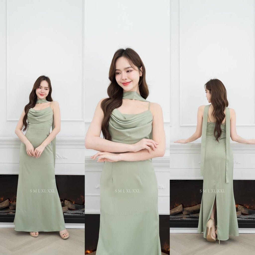 ชุดไปงานแต่ง ชุดไปงานแต่งงาน ชุดเดรส ชุดราตรี N291 ผ้าเครปซาติน เดรสยาว สายเดี่ยว คอถ่วง กระโปรงยาว Woman Dress  ผู้หญิง