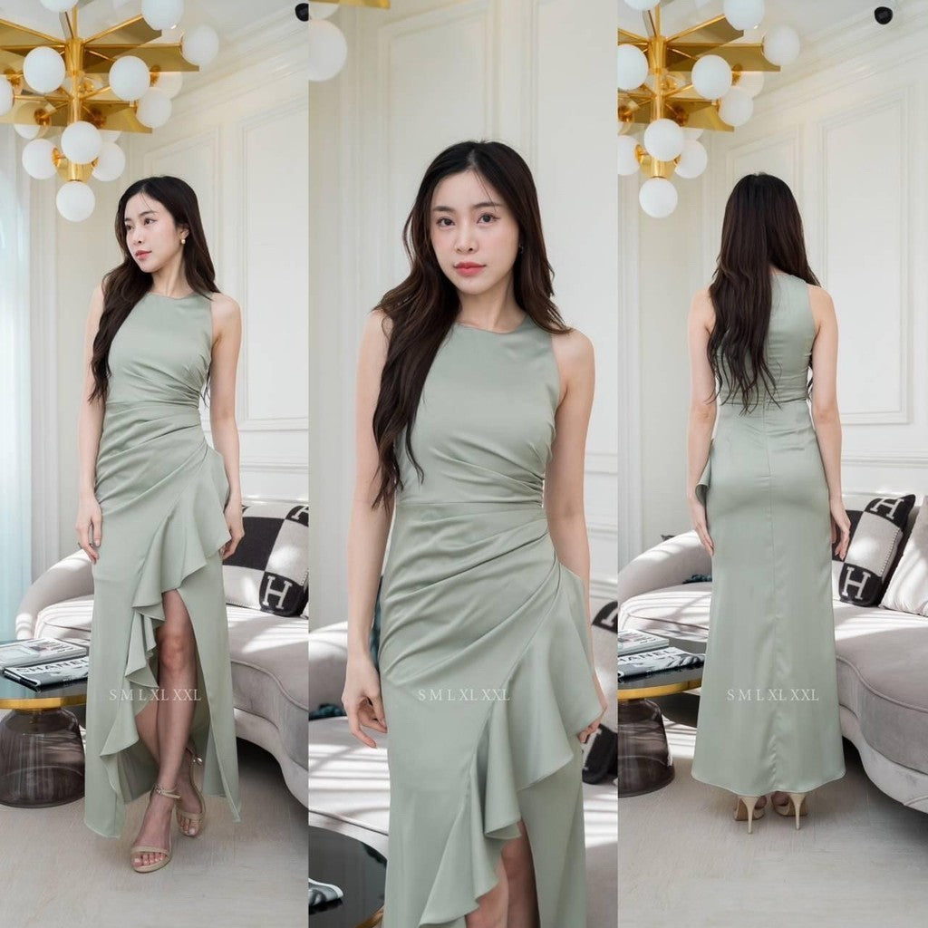 ชุดไปงานแต่ง เรียบหรู ดูแพง ชุดราตรี NP046 เกรดพรีเมี่ยม คอกลม กล้ามแขนกุด กระโปรงจีบ ระบาย Woman Dress เสื้อผ้า ผู้หญิง